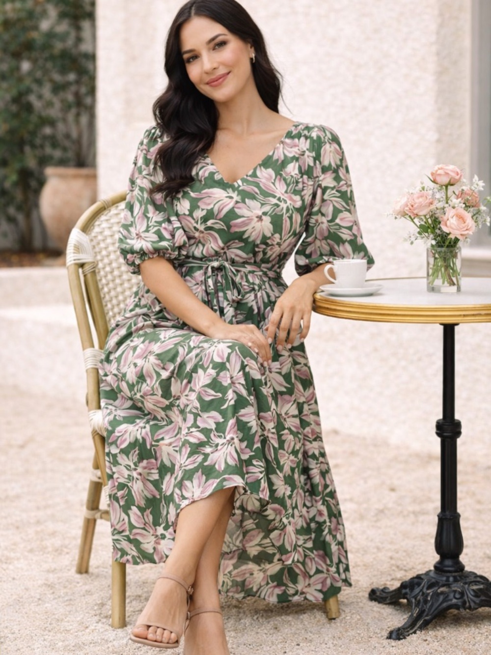 Jade Melody Tam Green Pink Floral Midi Dress Puff Sleeve Tie Waist M NWOT